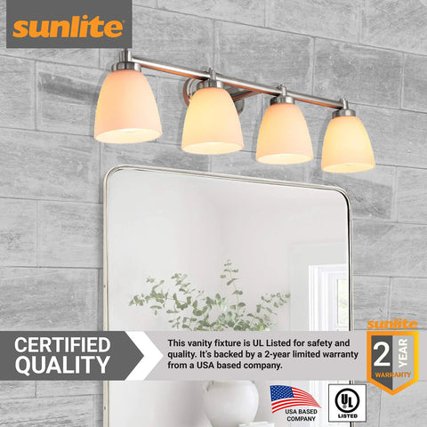 Four Light Vanity Sconce With Dope Frosted Bell Shade In Brushed Nickel Reversible Wall Fixture For Bathroom Or Powder Room 100 Watt Max UL Listed Indoor Lighting For Home And Commercial Use