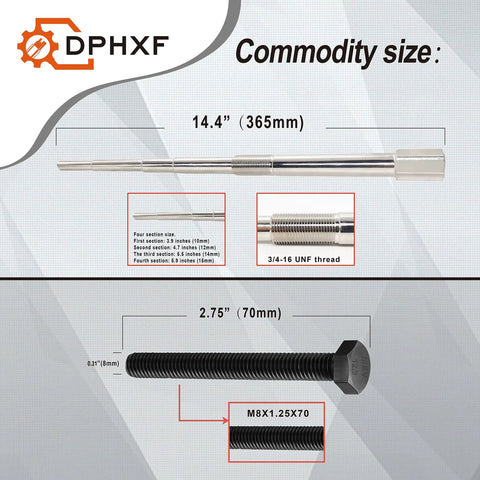 Image of Heavy Duty Hardened Primary And Secondary Clutch Puller Tool Kit with detailed measurements and specifications.