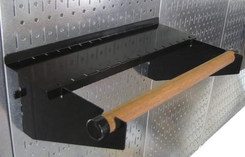 Black shelving accessory on 4-Foot Metal Pegboard Tool Organizer Kit with Galvanized Toolboard in garage setup