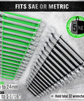 Magnetic Wrench Organizer Set Two Piece With 32 Slot Drawer Storage For SAE One Quarter To One And One Sixteenth Inch And Metric Six To Twenty Four Millimeters Green And Black with wrenches displayed