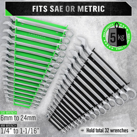 Heavy Duty Magnetic Wrench Organizer 4 Piece Set With 64 Slot Drawer Storage For Sae And Metric Wrenches Strong Grip Tool Trays That Keep Your Workshop Absolutely Killer And Zero Hassle