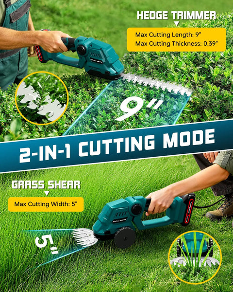Cordless Hedge Trimmer With Battery, 2 In 1 Electric Handheld Grass Shear Cutter, 9-inch hedge blade, 5-inch grass blade