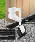Built Like A Tank 4.3 Inch Spring Loaded Gate Caster Roller Wheel With Full 360 Swivel Action And Right Angle Mount Plate For Easy Yard Gate Rolling Up to 220 Pounds White Pair attached to wooden gate on gravel.