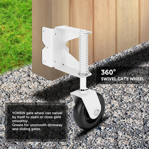 Built Like A Tank 4.3 Inch Spring Loaded Gate Caster Roller Wheel With Full 360 Swivel Action And Right Angle Mount Plate For Easy Yard Gate Rolling Up to 220 Pounds White Pair attached to wooden gate on gravel.