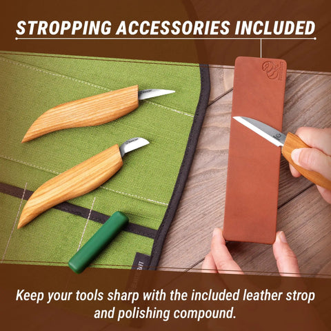 Pro Grade Beginner Friendly Wood Carving Kit For Beginners And Kids With Detail, Chip Knives, Leather Strop, Polishing Compound