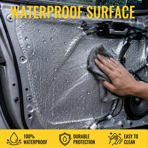 Heavy Duty Tear And Stick Sound Deadening Mat 10mm Thick Aluminum Heat Shield Foil 60 X 40 Inches shown on car door with water beads.