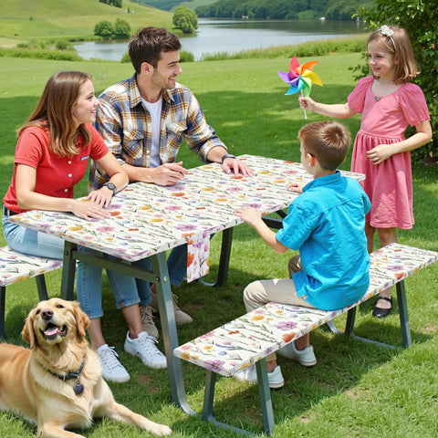 Picnic Table Cover With Bench Covers For 6 Foot Rectangular Tables Elastic Fitted Waterproof Washable Outdoor Tablecloth Floral Watercolor Wildflower Print No Fuss Cleanup For Garden Patio Camping in use at a picnic.