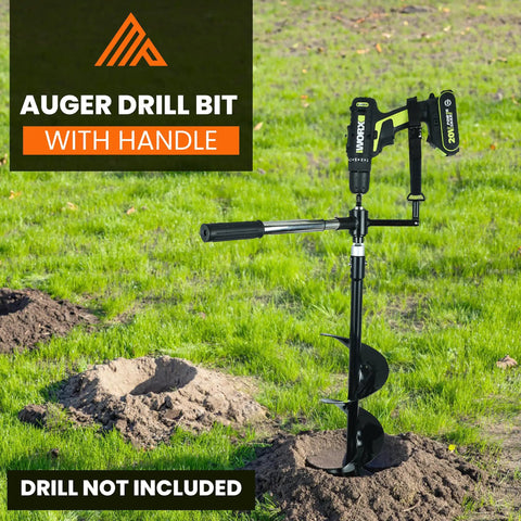 6 Inch Wide By 32 Inch Deep Electric Post Hole Digger With Universal Handle for Drill Attachment on dirt mound