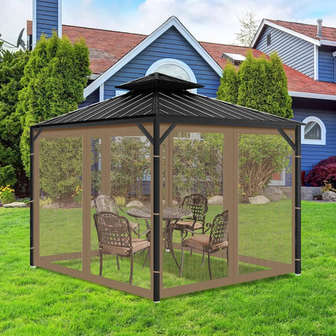 Front view of 10x10 gazebo mosquito netting replacement with 4 panel screen walls and zipper, outdoor patio insect netting, durable polyester, brown