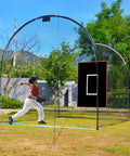 Portable 4x6 Ft Baseball Batting Cage Backstop with all-weather vinyl backdrop and strike zone in use outdoors