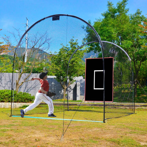 Portable 4x6 Ft Baseball Batting Cage Backstop with all-weather vinyl backdrop and strike zone in use outdoors
