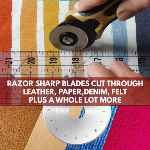 28mm Rotary Cutter Replacement Blades Set With 5 Tungsten Steel Blades cutting fabric with ruler visible