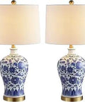 Blue And White Ceramic Ginger Jar LED Table Lamps Set Of 2 With Brass Gold Base And White Linen Shade, 25.75 Inch Tall, Energy Saving LED Bulbs Included
