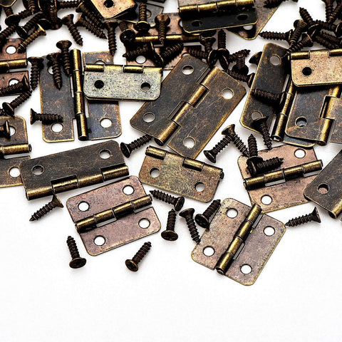 Two Size Bronze Mini Hinge Set With 60 Small Hinges And 300 7 Mm Screws In Clear Storage Box for dollhouse and crafts