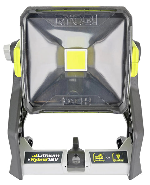 Front view of One Plus 1800 Lumen 18V Hybrid LED Work Light with flat standing base and onboard mounting options.
