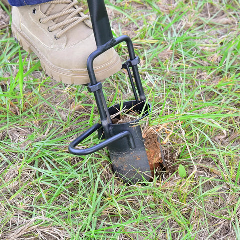 User using Long Handle Bulb Planter With Serrated Base For Easy Grass Plugging And Bulb Transplanting, digging hole in grass