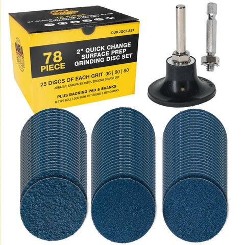 Two Inch Grinding Discs Set With Roll Lock Quick Change Adapter And Backing Pad, Zirconia Coarse Cut Sanding Discs In 36 60 80 Grit, 25 Discs Each, Great For Auto Body Metal Wood Rust Oxidation Welds And More, packaging and components shown