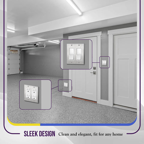 Heavy Duty Stainless Steel 2-Gang Wall Plate 4.50 By 4.57 Inches Decorator Style on gray wall in garage