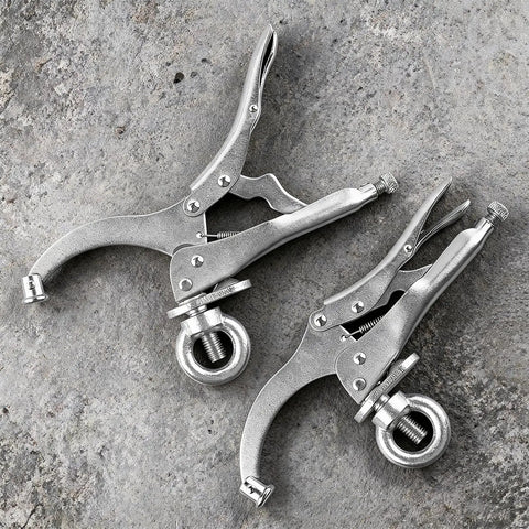 Bulletproof 9 Inch Drill Press Locking Clamp With Killer Jaw Tension For Hella Secure Workpiece Holding On Shop Benches Or Mobile Tool Cart Racks Two Pack, silver clamps on stone surface.