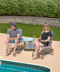 Built To Last Folding Patio And Lawn Chairs Set With Steel Frame Blue Woven Fabric And Real Wood Armrests by poolside