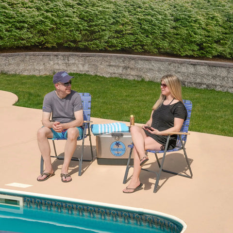 Built To Last Folding Patio And Lawn Chairs Set With Steel Frame Blue Woven Fabric And Real Wood Armrests by poolside
