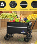 Collapsible Wagon Cart With 360 Degree Front Wheels 120L loaded with groceries in a store, featuring ergonomic handle and space-saving design
