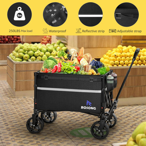 Collapsible Wagon Cart With 360 Degree Front Wheels 120L loaded with groceries in a store, featuring ergonomic handle and space-saving design