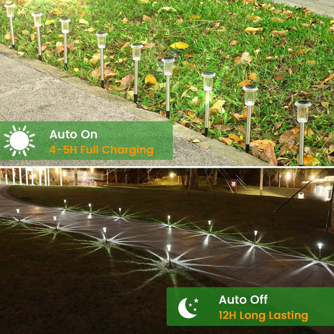 Solar Outdoor Lights 12 Pack Waterproof Pathway Lights With Auto On Off Plug And Play Yard Patio Landscape Walkway Lighting 12 Hour Bright Starburst LEDs Easy Setup Decorative Garden Lights shown installed along a garden pathway, highlighting charging and illumination capabilities.