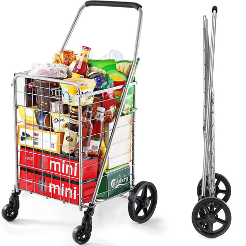 Foldable Grocery Cart On Wheels Lightweight Yet Heavy Duty Shopping Cart With Rolling Swivel Wheels Easy Fold Design shown open and folded