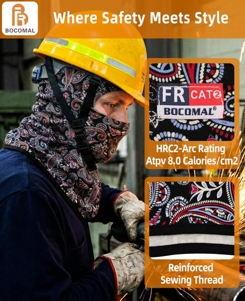 Worker wearing Flame Resistant Balaclava Face Mask For Welding Gear That Lasts Lightweight 5.5oz Cotton Arc Rated Helmet Liner