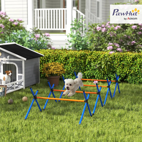 Dog jumping over hurdles in 4 Piece Dog Agility Course Set With Adjustable Height Hurdles, Portable Carry Bag, Indoor Outdoor Training