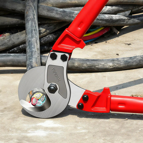 Close-up of Professional Heavy Duty Cable Cutters 14 Inch Wire Snips Built Like A Tank Using Premium Chrome Vanadium Steel.