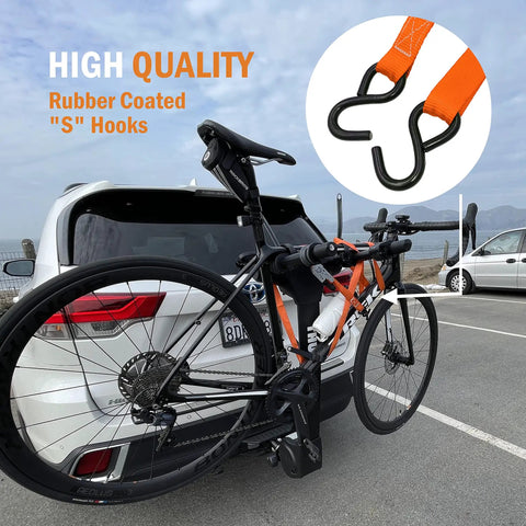 Heavy Duty Ratchet Tie Down Straps With Hooks 1 Inch Wide 10 Feet Long Pack Of 6 securing bike on car