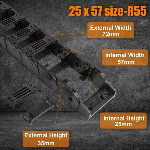 25 By 57mm R55 Bridge Type Drag Chain Cable Carrier Pro Grade For 3D Printers And CNC Routers One Meter Black PA66 Nylon
