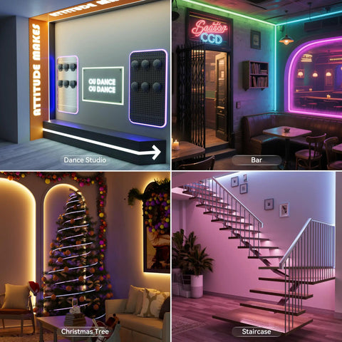 Color Changing RGB COB LED Strip Light For Cabinets And Rooms illuminating dance studio, bar, Christmas tree, and staircase areas