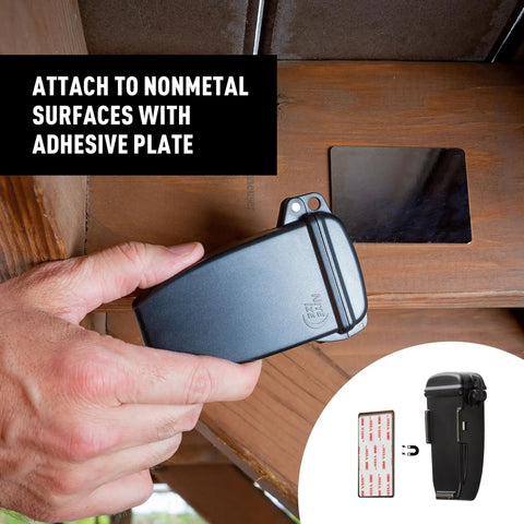 Attaching a black Waterproof Magnetic Key Box For Spare Keys with adhesive plate to a wooden surface, showing the secure key holder.