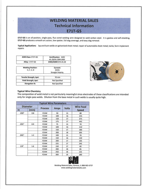 E71TGS Gasless Flux Core MIG Wire.030 In 2 Lb Spool For Carbon Steel All Positions product sheet with technical info and wire image.