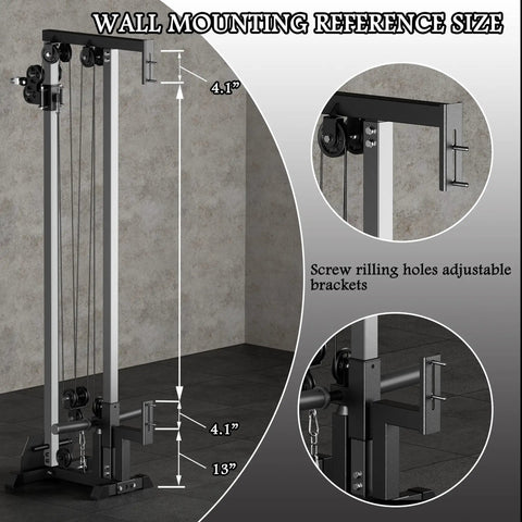 Heavy Duty Wall Mount Cable Crossover Machine Dual Pulley Home Gym System with adjustable brackets and dimensions shown.