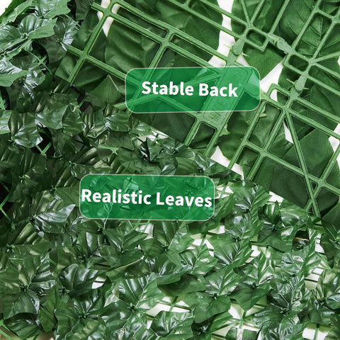 Close-up of artificial ivy privacy fence wall screen 120 by 40 inches 12 pack of 20 by 20 inch panels showing realistic leaves and backing.