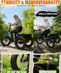 Dope Electric Trike For Adults With 998.4Wh Long Range Battery, 1200W Peak Motor, Foldable Three-Wheel Frame, Butterfly Handlebar For Upright Comfort, 20x4.0 Fat Tires, Storage Bags, Blue. Stability and maneuverability view with 20x4.0 fat tires and differential