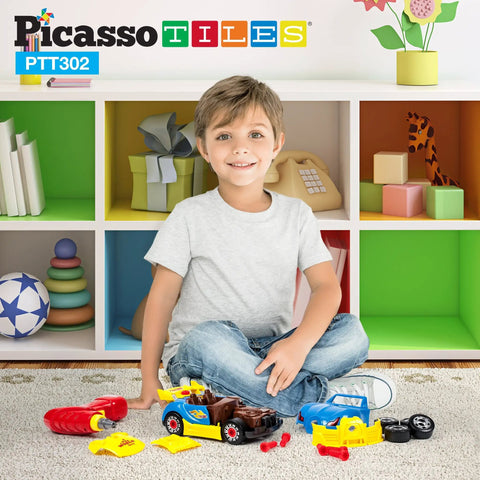 Child assembling Take Apart Race Car Build Kit With LED Lights And Realistic Engine Sound Includes Mini Electric Drill And Screws