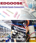 100Pcs Heat Shrink Spade Connectors 1/4 Inch 22-10 Gauge Male And Female Insulated Waterproof Quick Disconnect Wire Crimp Terminals Assortment Kit For Marine Auto Wiring Projects Ready To Roll displayed with usage examples in various settings.