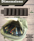 Six Pack 12 Gauge Shotgun Shell Holder Side Saddle Carrier dimensions and use in a backpack, showing 6x2 inches size.