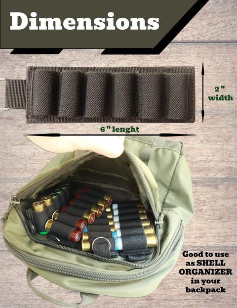 Six Pack 12 Gauge Shotgun Shell Holder Side Saddle Carrier dimensions and use in a backpack, showing 6x2 inches size.