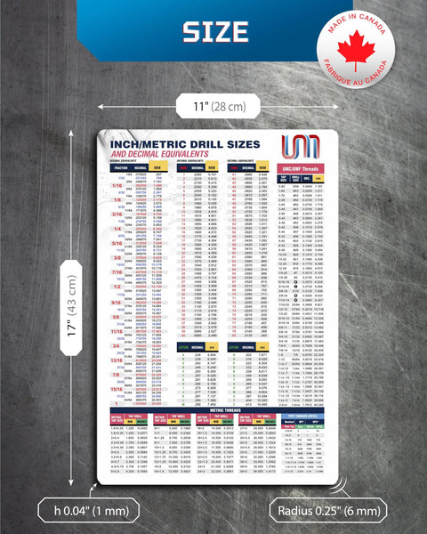 No Mess 11X17 Magnetic Tap Drill Chart Loaded With Inch And Metric Threads, Decimals, Letter Number Fractional Bits, CNC Machinist Cheat Sheet For Quick Garage Fixes, Toolbox Access And Shop Grind showing sizes and equivalents.