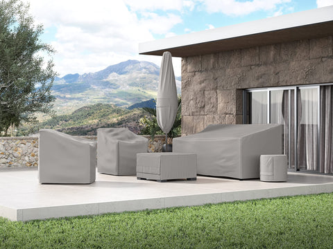 Outdoor patio with furniture covered by Ultima Outdoor Patio Bench Cover Beefy 600D Polyester Weatherproof Protection.