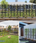 5.25 Foot Black Metal Garden Trellis Fence For Climbing Plants in various garden settings, supporting vines and flowers outdoors.