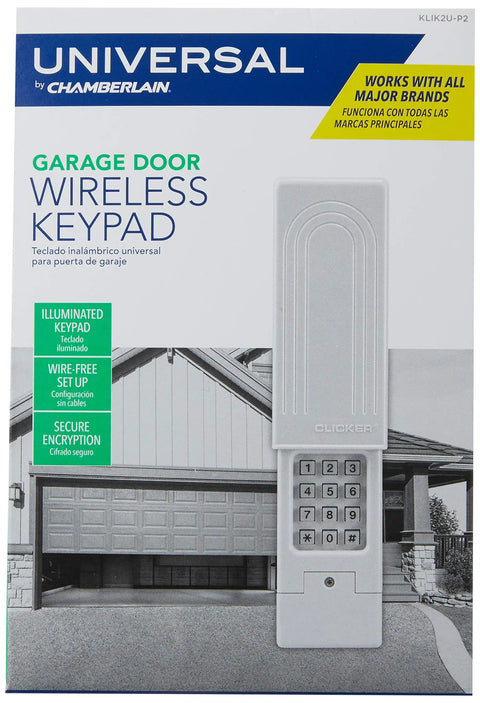 Keyless Entry Garage Door Keypad Universal Wireless Pad For Most Openers, box showing keypad and garage illustration