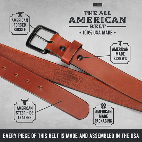 All American Leather Belt For Men Made In USA Heavy Duty Work EDC Belt Veg Tanned Full Grain American Steer Hide with buckle
