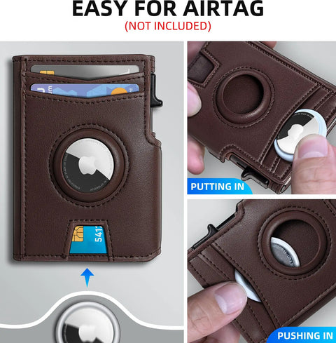 Airtag Wallet For Men With Money Clip And 10 Card Capacity, Slim Metal Case Pop Up Card Holder, shown with AirTag slot.